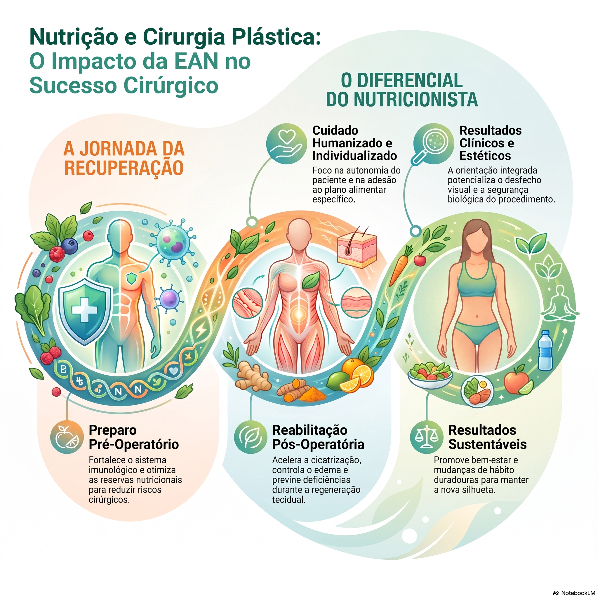 Infográfico: o impacto da EAN no sucesso cirúrgico, com a jornada da recuperação (preparo pré-operatório, reabilitação pós-operatória e resultados sustentáveis) e o diferencial do nutricionista